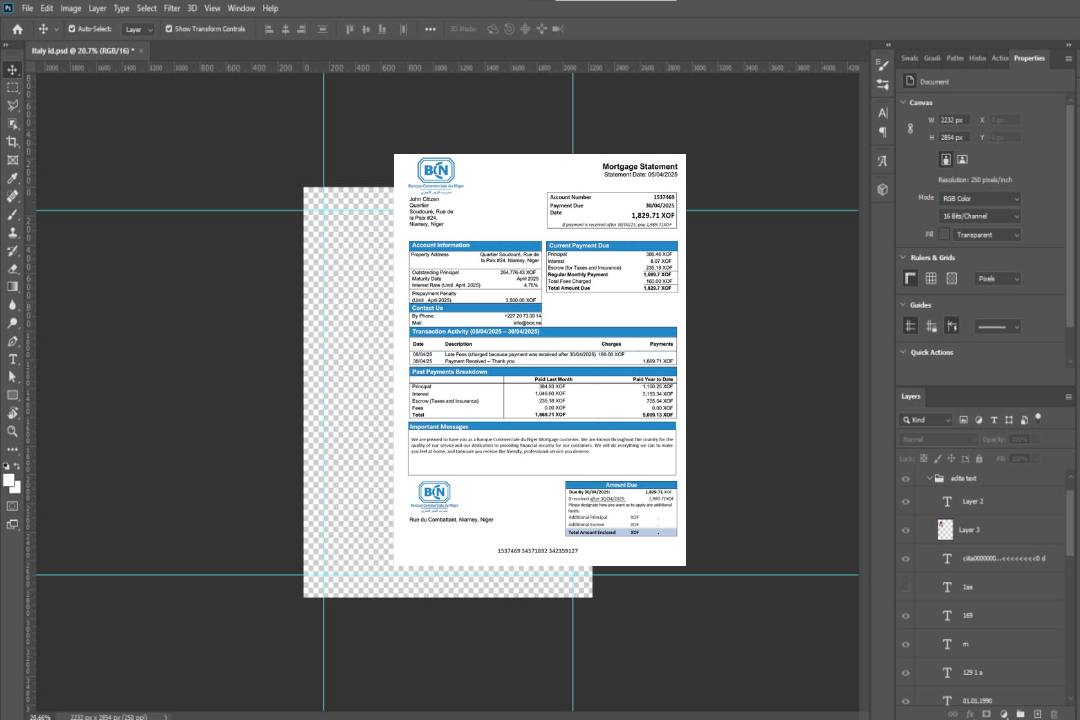 Modèle Word et PDF de relevé hypothécaire de la Banque Commerciale du Niger (BCN) du Niger template